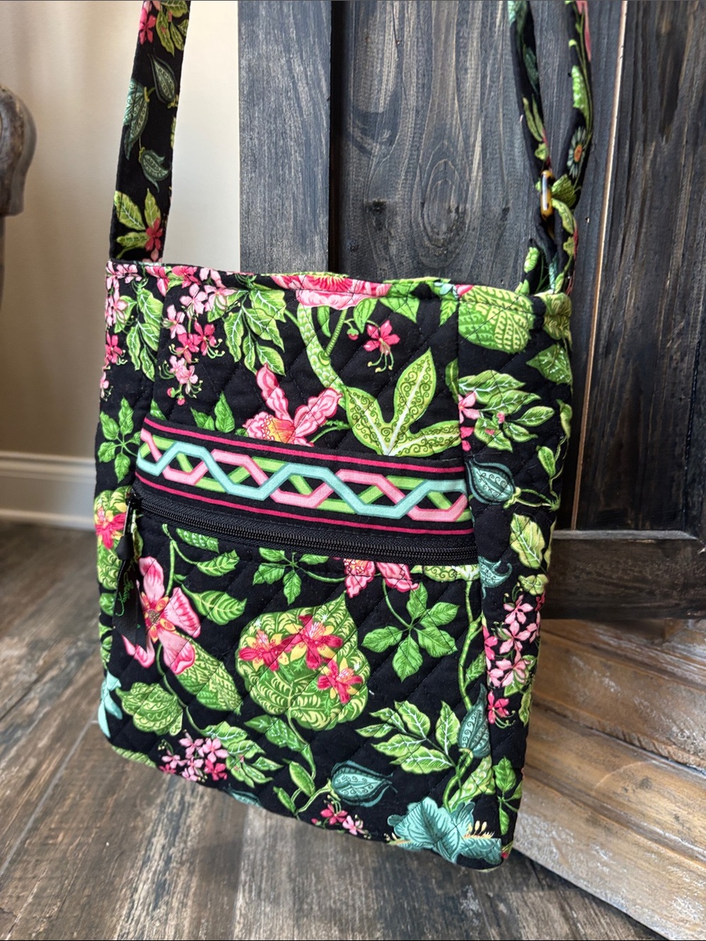 Vera Bradley Quilted Floral Crossbody Bag in Black and Green